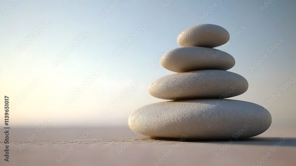 Serene Stacked Stones at Dawn: A 3D Render of Tranquility. AI Generated Serene Stacked Stones at Dawn: A 3D Render of Tranquility. AI Generated