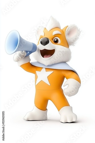 Cheerful cartoon koala in superhero costume using megaphone. photo