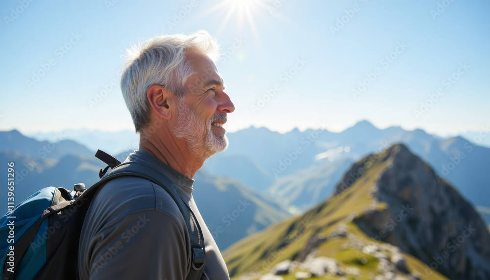 Senior hiker enjoying breathtaking mountain views on a sunny day during outdoor adventure Senior hiker enjoying breathtaking mountain views on a sunny day during outdoor adventure
