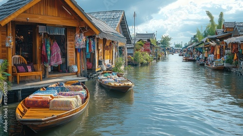 Wallpaper Mural Scenic view of wooden houses along a tranquil waterway with boats and vibrant textiles. Torontodigital.ca