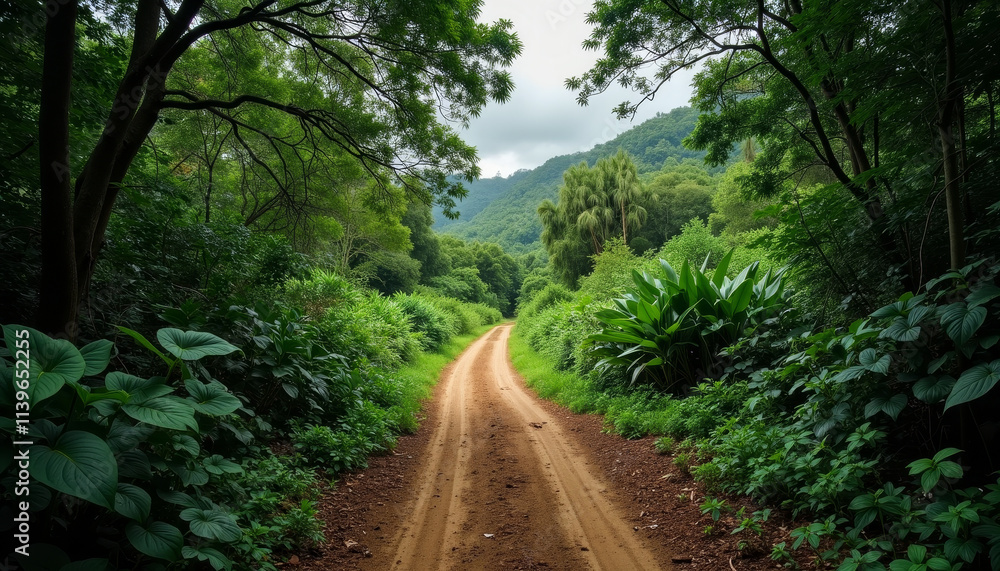 Winding path through lush greenery invites exploration in a serene natural landscape Winding path through lush greenery invites exploration in a serene natural landscape