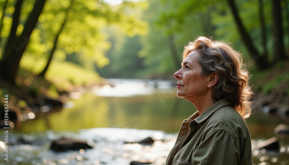 Reflecting in nature near a peaceful stream under dappled sunlight during a serene afternoon Reflecting in nature near a peaceful stream under dappled sunlight during a serene afternoon