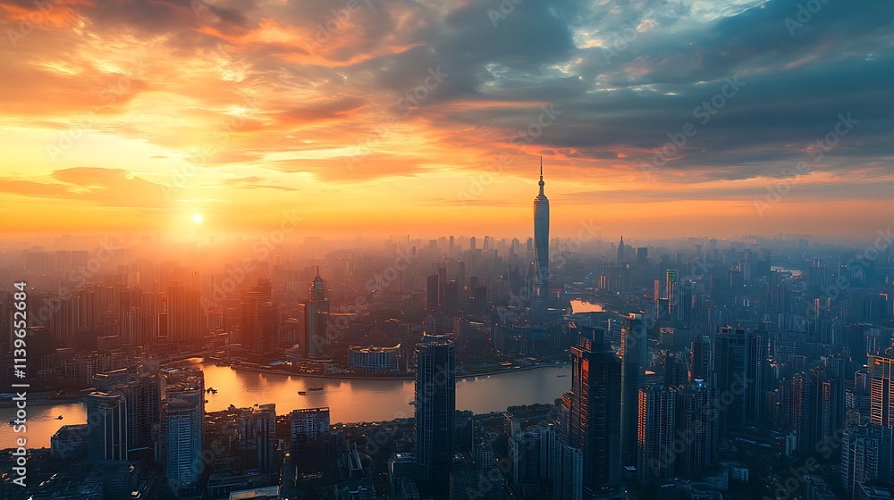Fototapeta premium Sunrise over Shanghai Skyline. Cityscape, urban, sunrise, architecture, modern, China