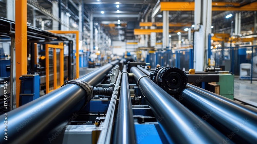 The production line at a water pipe manufacturing plant, with automated machines shaping and testing pipes, ensuring they meet the required specifications for water distribution systems. The production line at a water pipe manufacturing plant, with automated machines shaping and testing pipes, ensuring they meet the required specifications for water distribution systems.
