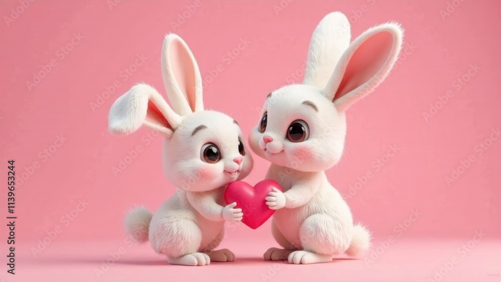 Two funny bunnies give each other a pink heart for Valentine's Day Two funny bunnies give each other a pink heart for Valentine's Day