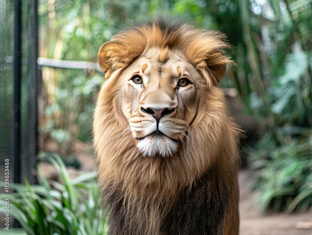 Close-up portrait of a majestic lion with a focused gaze. Close-up portrait of a majestic lion with a focused gaze.