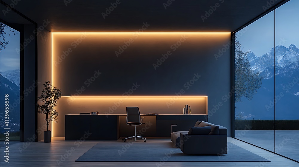 Minimalist study with wall-mounted light, sleek furniture, and quiet ambiance at night Minimalist study with wall-mounted light, sleek furniture, and quiet ambiance at night