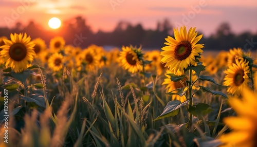 A golden sunset casting orange and pink hues over a vast field of sunflowers, their faces turned toward the sun, surrounded by lush green foliage. photo