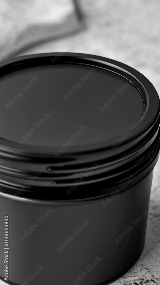 Black container with a smooth lid sits on a textured surface under natural light in a minimalist setting Black container with a smooth lid sits on a textured surface under natural light in a minimalist setting