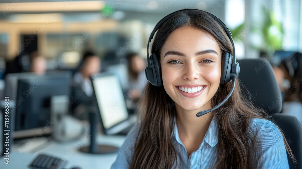 Portrait of a cheerful young woman wearing a headset and sitting in a modern office. The bright, professional environment reflects teamwork and communication. Perfect for business, support services Portrait of a cheerful young woman wearing a headset and sitting in a modern office. The bright, professional environment reflects teamwork and communication. Perfect for business, support services