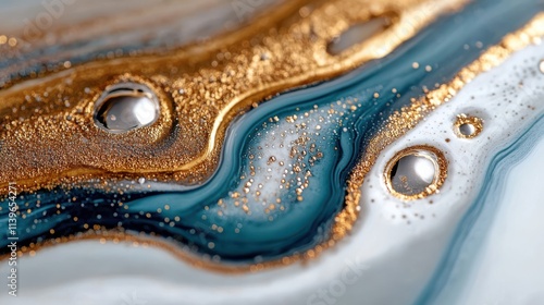 A mesmerizing abstract painting with swirling gold and blue hues captivates with texture and fluid movement. photo