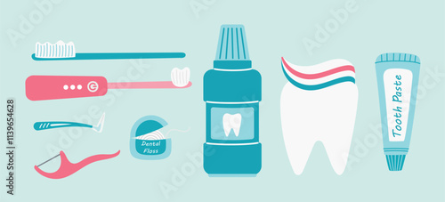 Home dental care kit, hygiene products. Toothpaste, toothbrushes, dental floss, electric toothbrush, mouthwash, electric irrigator.