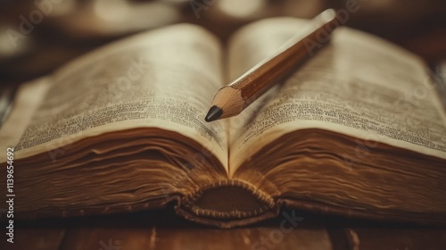 Open antique book with pencil resting on pages.