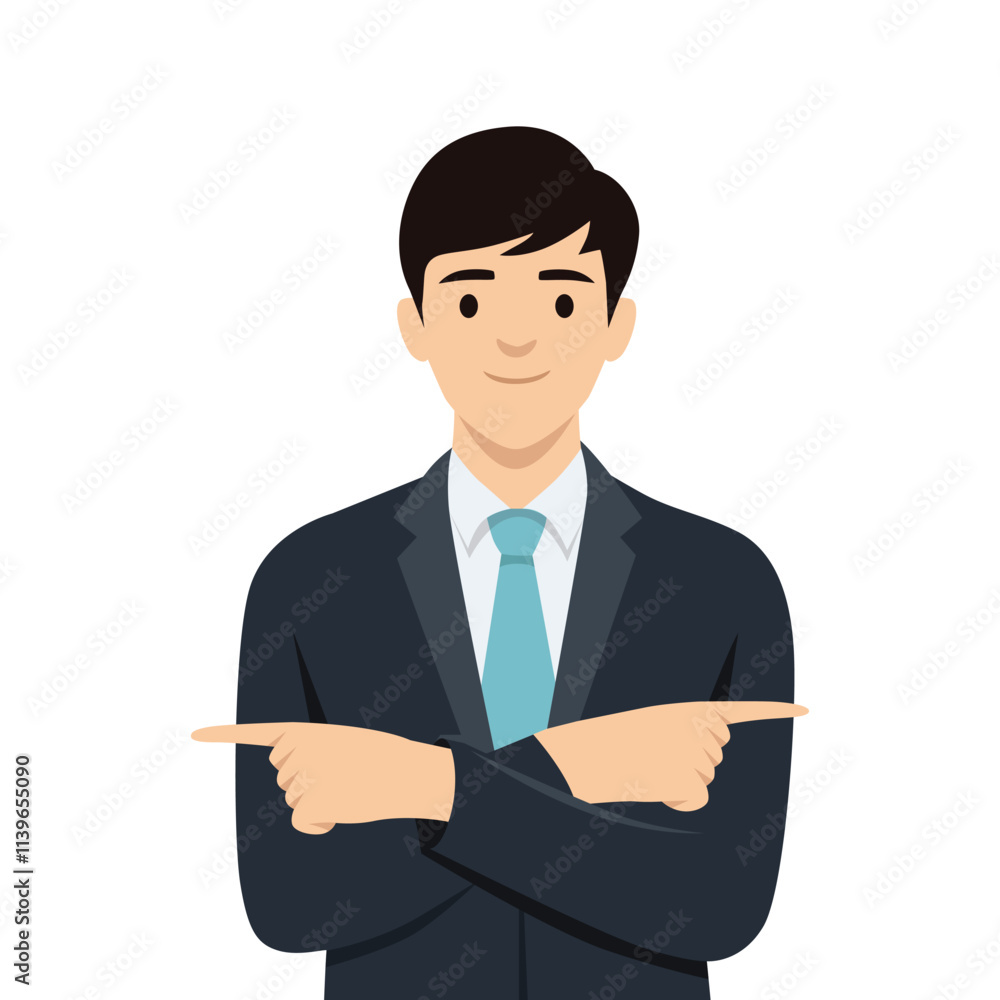 Young businessman Pointing to both sides with fingers. Flat vector illustration isolated on white background Young businessman Pointing to both sides with fingers. Flat vector illustration isolated on white background
