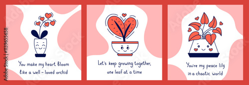 Valentines day Poster Set with Funny Text. Valentine cards collection with romantic potted flower characters with love phrases. Vector illustration