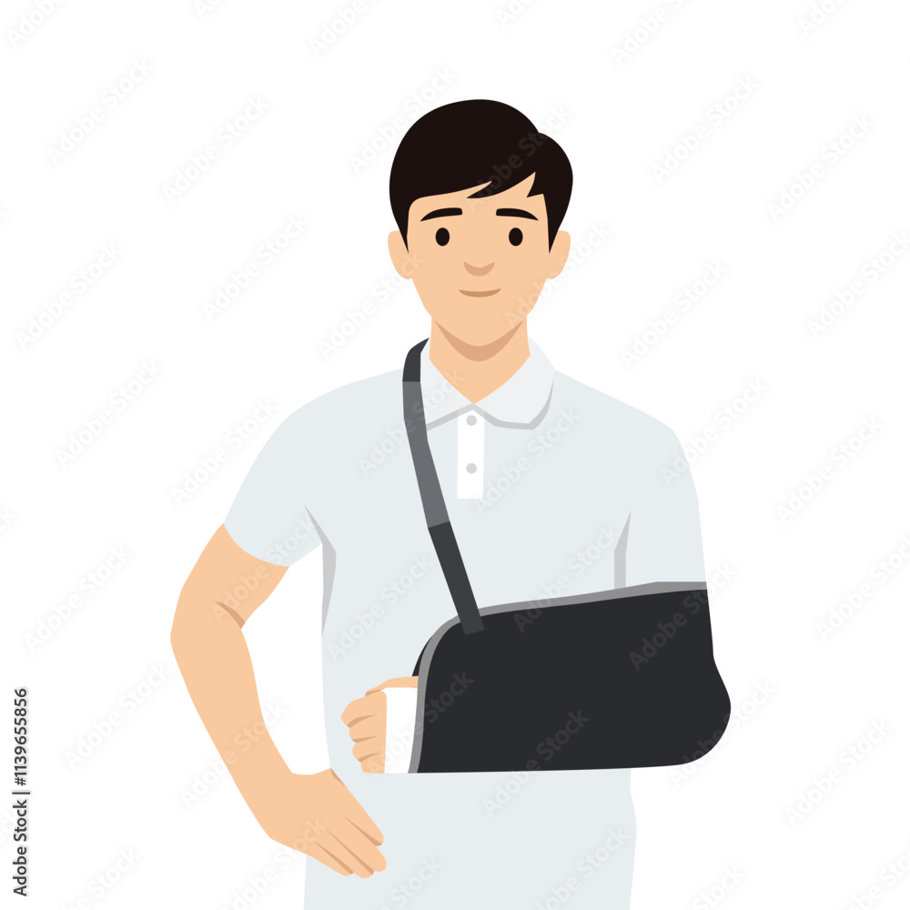 Young man with broken hand. Flat vector illustration isolated on white background Young man with broken hand. Flat vector illustration isolated on white background