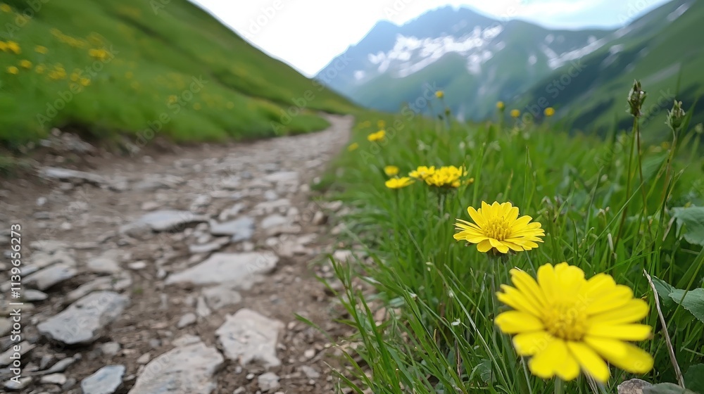 Obraz premium Scenic nature walk with yellow flowers mountain path photo outdoors low angle tranquility and beauty