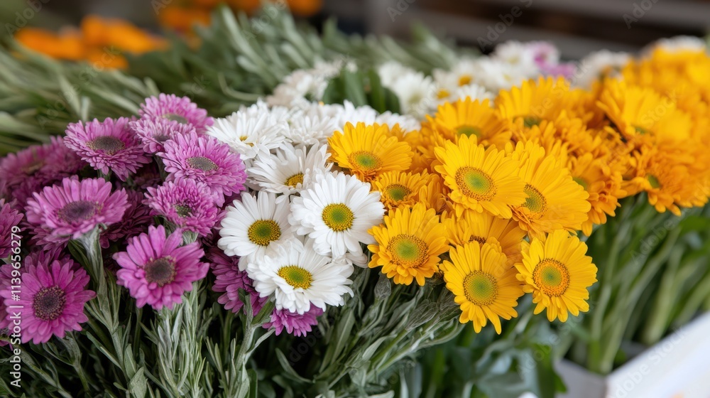 An array of vibrant flowers in purple, white, and yellow blooms, artistically arranged to celebrate the beauty of nature. An array of vibrant flowers in purple, white, and yellow blooms, artistically arranged to celebrate the beauty of nature.