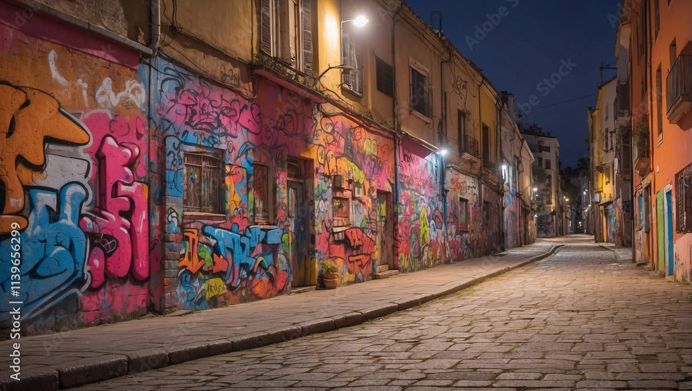 Fototapeta premium Dynamic Night Street with Colorful Graffiti