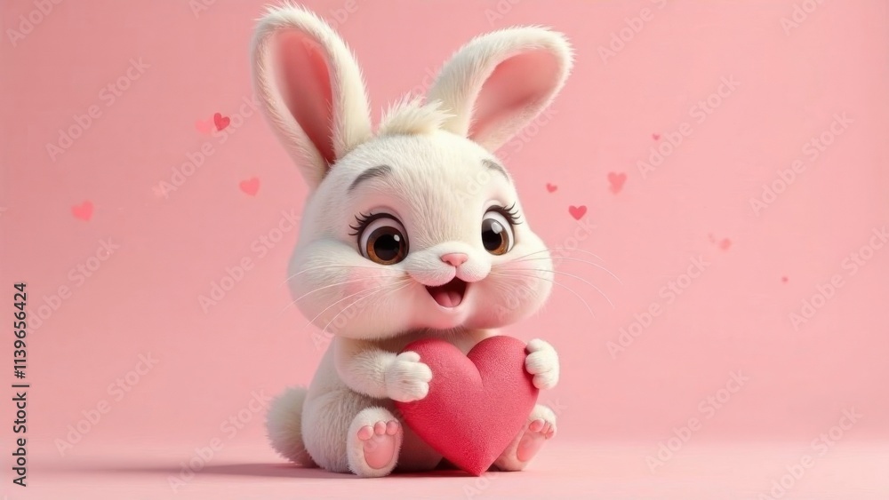 Fototapeta premium Cute bunny holding pink heart on pink background, concept for valentine's day, easter
