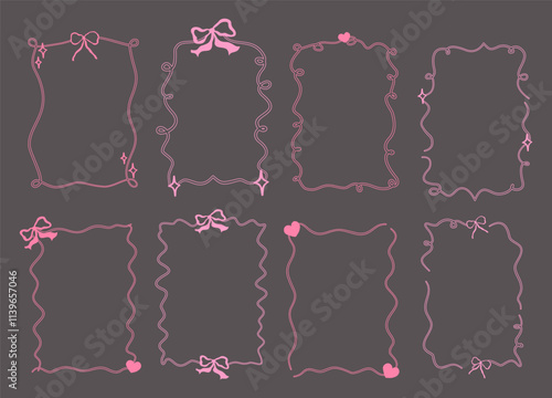 Whimsical coquette frame with bow and curly garland. Whimsical border pink coquette style. Vector illustration