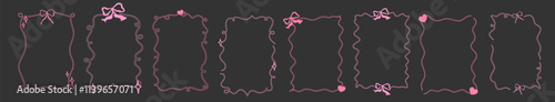 Whimsical coquette frame with bow and curly garland. Whimsical border pink coquette style. Vector illustration