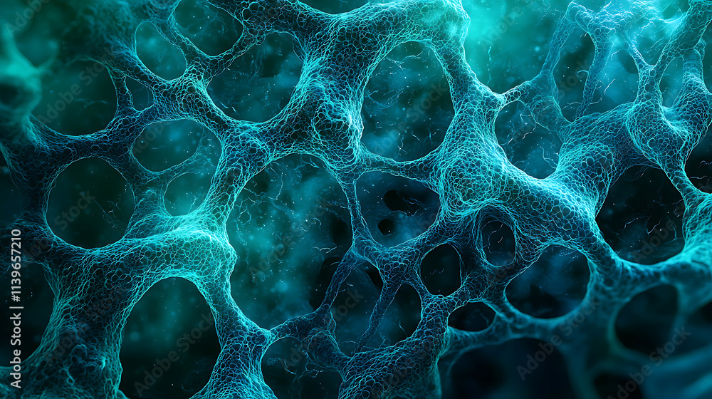 Magnified strands of probiotic bacteria glowing in vibrant blue hue, showcasing intricate cellular structures Magnified strands of probiotic bacteria glowing in vibrant blue hue, showcasing intricate cellular structures