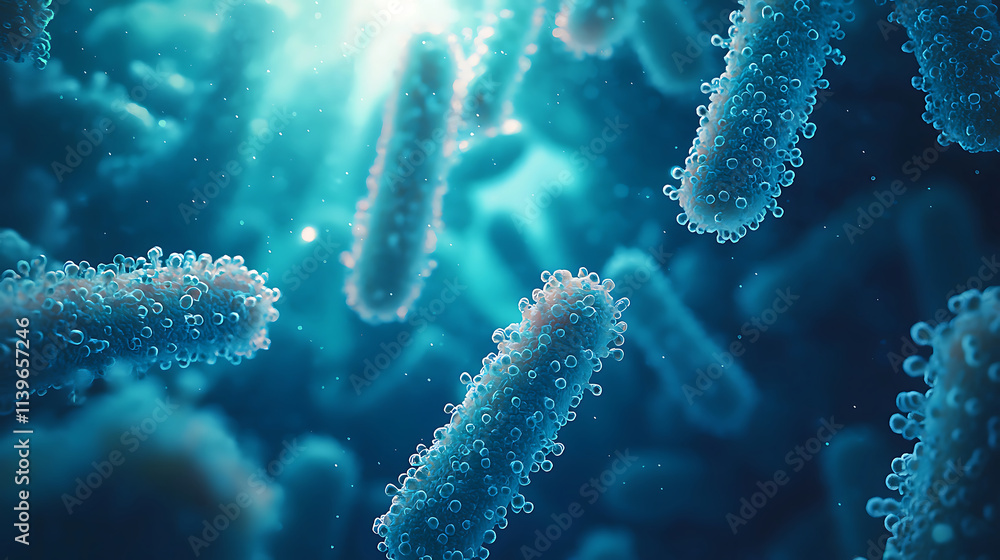 Magnified view of rod shaped bacteria in vibrant blue environment, showcasing their intricate details and structures Magnified view of rod shaped bacteria in vibrant blue environment, showcasing their intricate details and structures