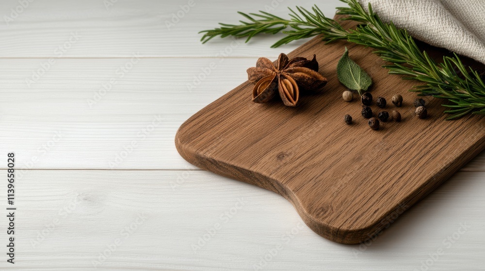 A rustic kitchen scene features a wooden board with aromatic spices and herbs, evoking a sense of cozy, culinary creativity. A rustic kitchen scene features a wooden board with aromatic spices and herbs, evoking a sense of cozy, culinary creativity.