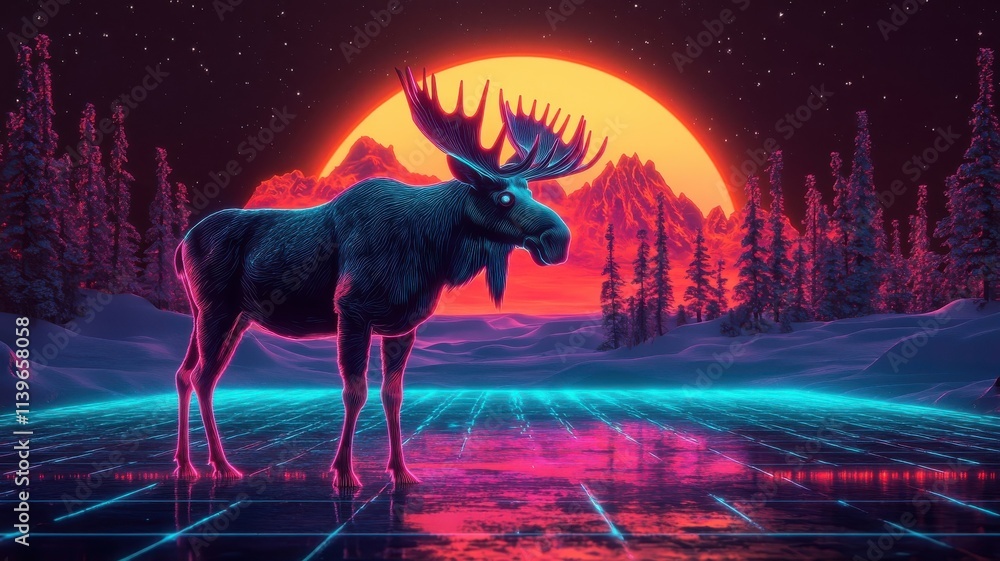Synthwave style moose, glowing in neon colors with a retro-futuristic landscape behind. Synthwave style moose, glowing in neon colors with a retro-futuristic landscape behind.