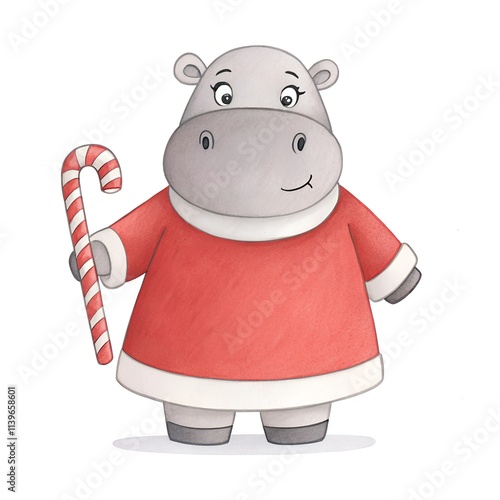 Whimsical baby pygmy hippo in santa dress festive wonderland digital art cheerful scene, watercolor style photo