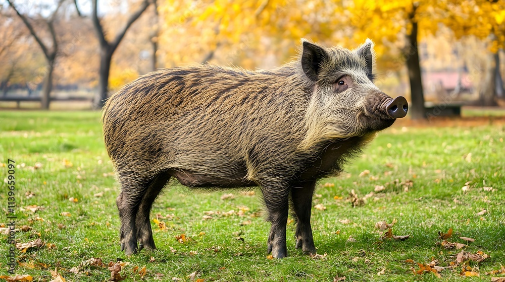 Wild Boar in Autumnal Park: A Candid Wildlife Photo. AI Generated Wild Boar in Autumnal Park: A Candid Wildlife Photo. AI Generated