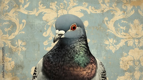 A pigeon illustrated with a textured pattern, emphasizing intricate surface details. photo