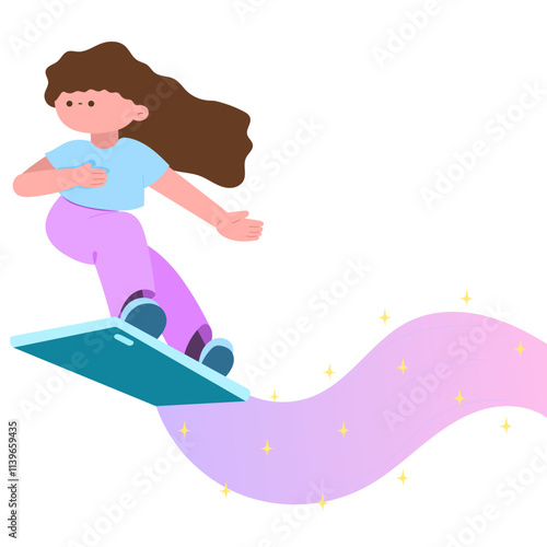 Girl surfing digital wave technology concept flat design illustration