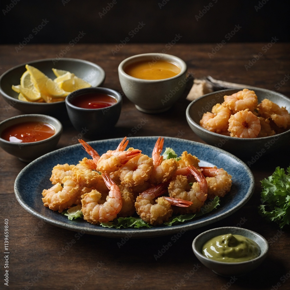 A plate of shrimp tempura with a bowl of dipping sauce. A plate of shrimp tempura with a bowl of dipping sauce.