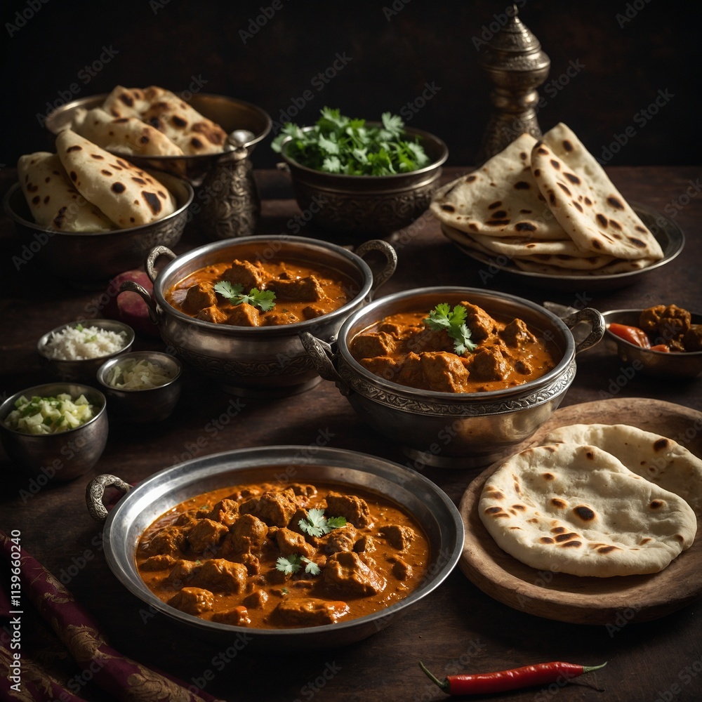 A traditional Indian curry served with naan bread on the side. A traditional Indian curry served with naan bread on the side.
