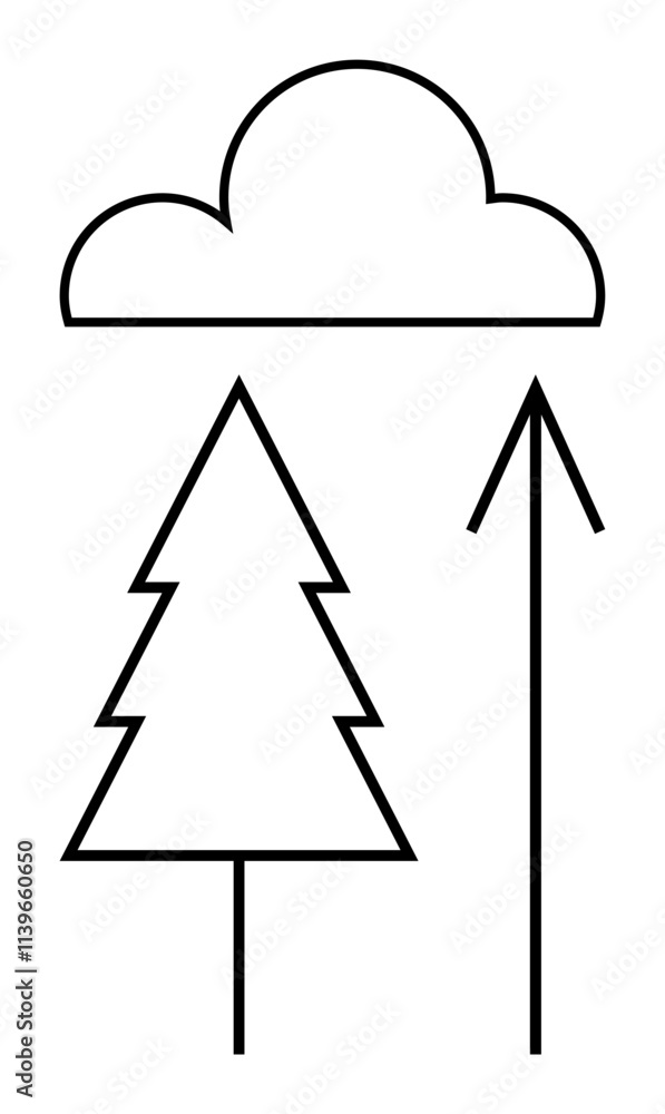 Simple line drawing of a tree, cloud, and upward arrow. Ideal for nature conservation, environmental awareness, direction, growth, navigation minimalism educational materials. Line metaphor Simple line drawing of a tree, cloud, and upward arrow. Ideal for nature conservation, environmental awareness, direction, growth, navigation minimalism educational materials. Line metaphor