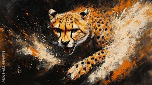 Cheetah represented in bold Abstract Expressionism, where energetic brushstrokes capture the raw power of its movement. photo