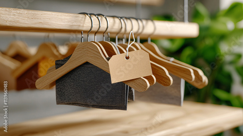 Eco conscious fashion store display with wooden hangers and clothing tags. natural materials and greenery create sustainable shopping atmosphere photo