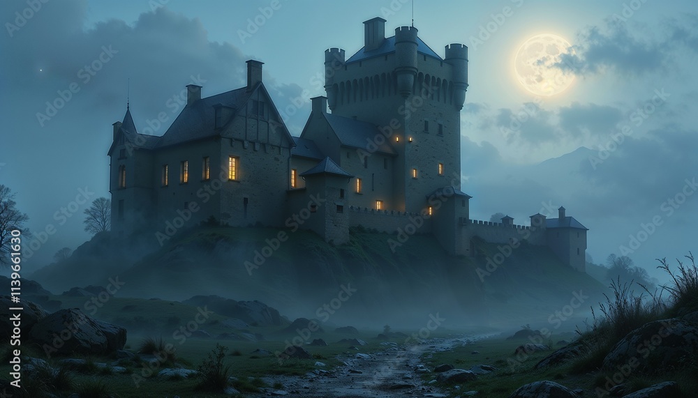 Mysterious Irish Castle at Night with Fog and Full Moon Mysterious Irish Castle at Night with Fog and Full Moon