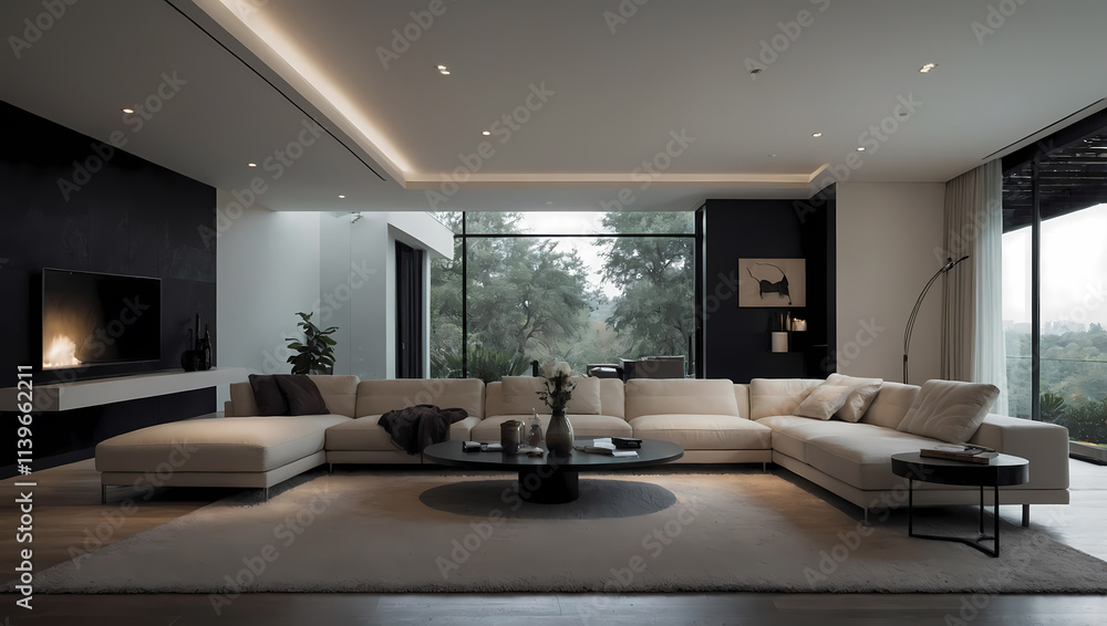 Fototapeta premium Modern living room featuring a large beige sectional sofa, minimalist decor, and floor-to-ceiling windows with a view of greenery.