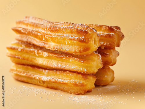 Golden crispy churros with sugar on beige background, Spanish dessert