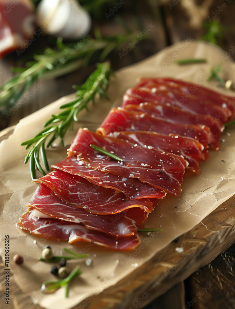 Rustic food photography of Jamon Iberico slices on a wooden plate, traditional Spanish cuisine Rustic food photography of Jamon Iberico slices on a wooden plate, traditional Spanish cuisine