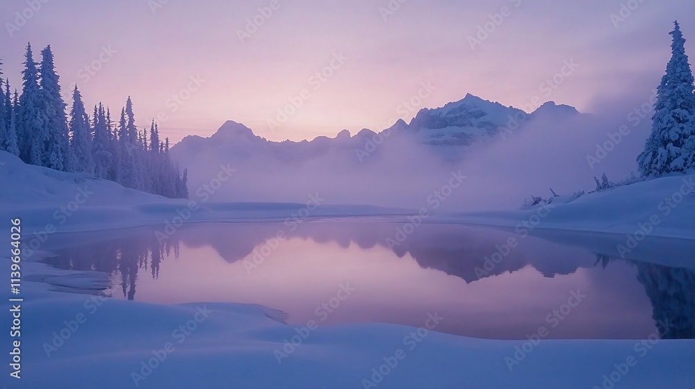 Fototapeta premium Serene Winter Landscape with Snowy Trees and Calm Reflections