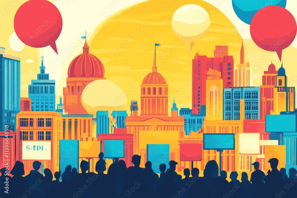 Obraz premium Engaging City Hall Assembly within a Speech Bubble Highlighting Community Voice and Democratic Unity