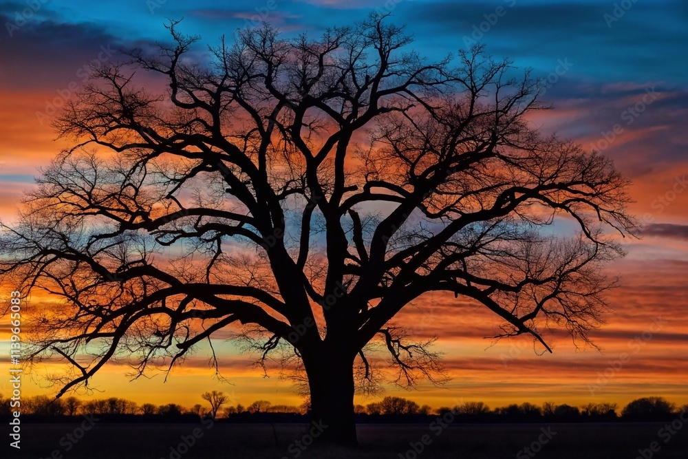 a large tree in the middle of a field. The tree is bare with no leaves, and its branches are twisted and gnarled. The sky is a beautiful orange and pink color, with the sun setting in the background. a large tree in the middle of a field. The tree is bare with no leaves, and its branches are twisted and gnarled. The sky is a beautiful orange and pink color, with the sun setting in the background.