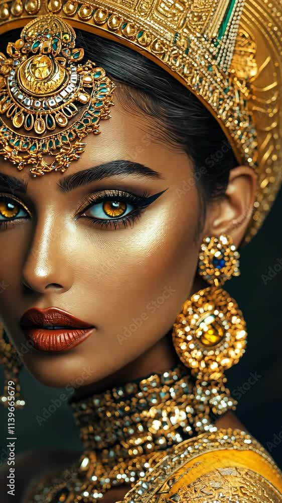 Exquisite portrait of a model adorned with intricate gold jewelry and vibrant makeup showcasing cultural elegance Exquisite portrait of a model adorned with intricate gold jewelry and vibrant makeup showcasing cultural elegance