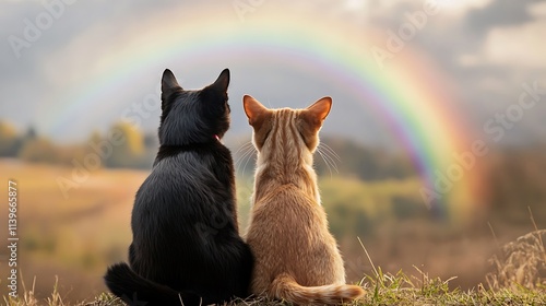 Two Cats Watching a Rainbow Over a Field. AI Generated