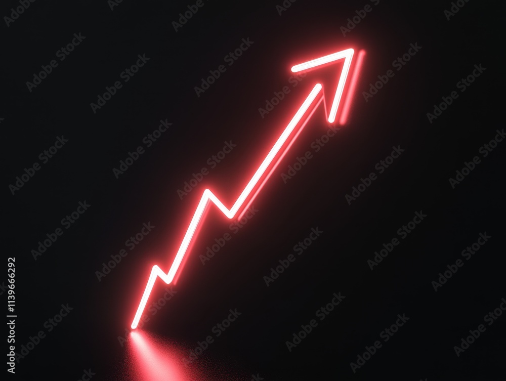 Neon Red Arrow Rising on Black Background Neon Red Arrow Rising on Black Background