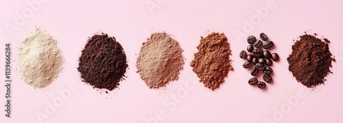 A series of coffee grinds and beans, from coarse to fine powder, on a pink background photo